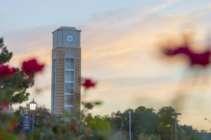 campus clock, clock tower, flowers